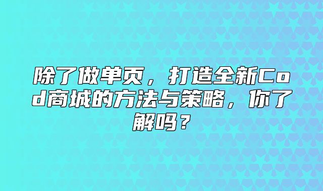 除了做单页，打造全新Cod商城的方法与策略，你了解吗？