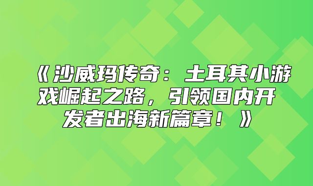 沙威玛传奇：土耳其小游戏崛起之路，引领国内开发者出海新篇章！