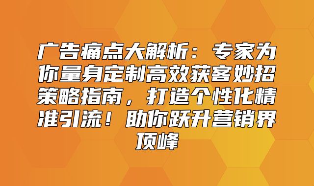 广告痛点大解析：专家为你量身定制高效获客妙招策略指南，打造个性化精准引流！助你跃升营销界顶峰