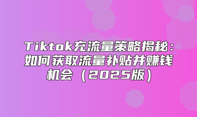 Tiktok充流量策略揭秘：如何获取流量补贴并赚钱机会2025版
