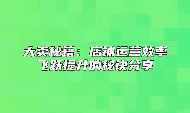 大卖秘籍：店铺运营效率飞跃提升的秘诀分享