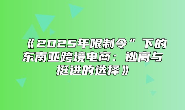 2025年限制令”下的东南亚跨境电商：逃离与挺进的选择