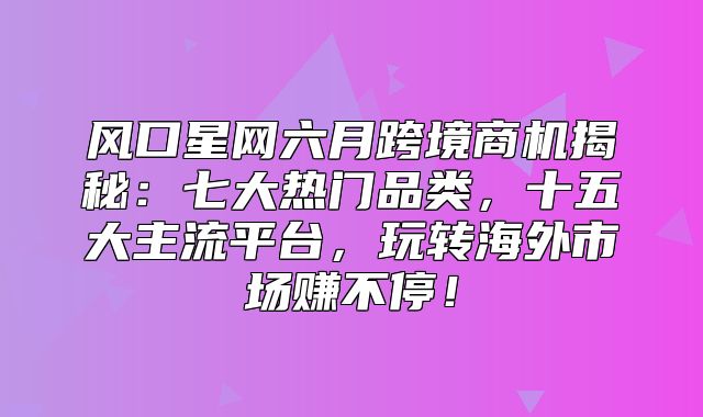 风口星网六月跨境商机揭秘：七大热门品类，十五大主流平台，玩转海外市场赚不停！
