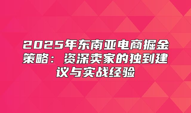 2025年东南亚电商掘金策略：资深卖家的独到建议与实战经验