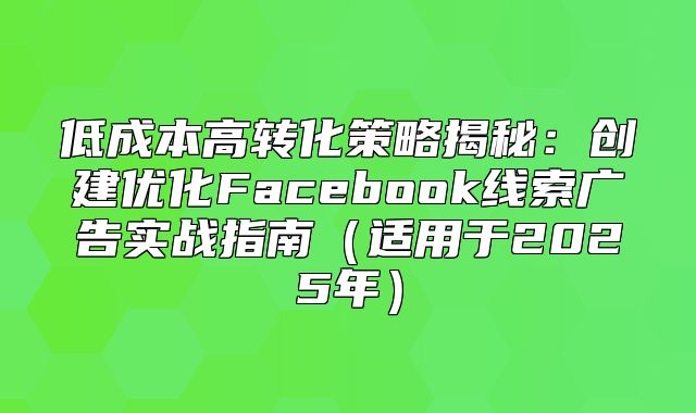 低成本高转化策略揭秘：创建优化Facebook线索广告实战指南适用于2025年