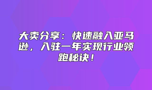 大卖分享：快速融入亚马逊，入驻一年实现行业领跑秘诀！