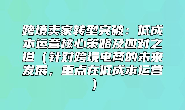 跨境卖家转型突破：低成本运营核心策略及应对之道针对跨境电商的未来发展，重点在低成本运营