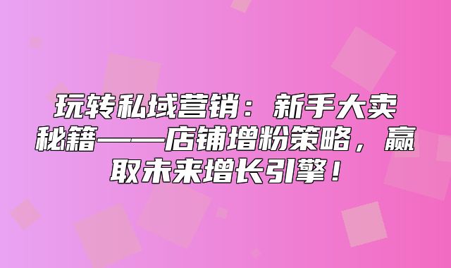 玩转私域营销：新手大卖秘籍——店铺增粉策略，赢取未来增长引擎！