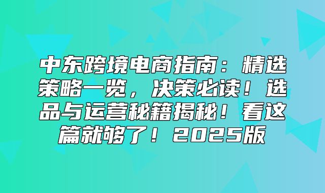 中东跨境电商指南：精选策略一览，决策必读！选品与运营秘籍揭秘！看这篇就够了！2025版