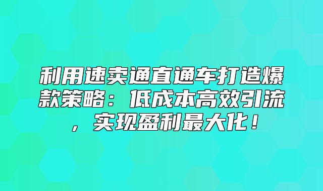 利用速卖通直通车打造爆款策略：低成本高效引流，实现盈利最大化！