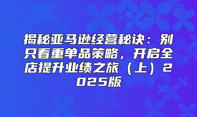 揭秘亚马逊经营秘诀：别只看重单品策略，开启全店提升业绩之旅上2025版