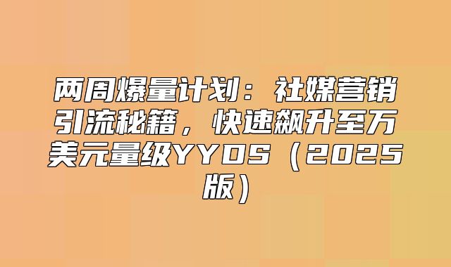 两周爆量计划：社媒营销引流秘籍，快速飙升至万美元量级YYDS2025版