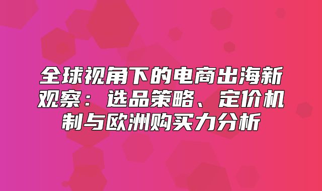全球视角下的电商出海新观察：选品策略、定价机制与欧洲购买力分析