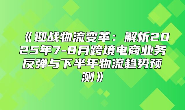 迎战物流变革：解析2025年7-8月跨境电商业务反弹与下半年物流趋势预测