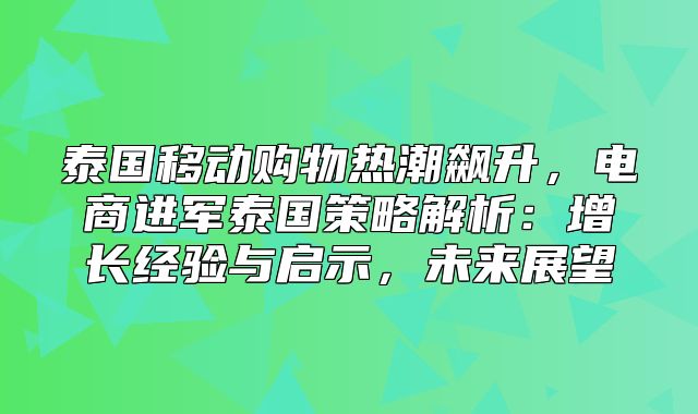 泰国移动购物热潮飙升，电商进军泰国策略解析：增长经验与启示，未来展望
