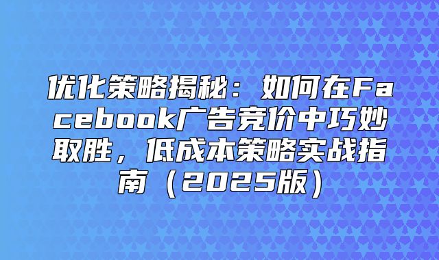 优化策略揭秘：如何在Facebook广告竞价中巧妙取胜，低成本策略实战指南2025版