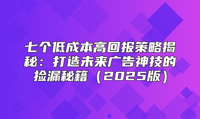 七个低成本高回报策略揭秘：打造未来广告神技的捡漏秘籍2025版