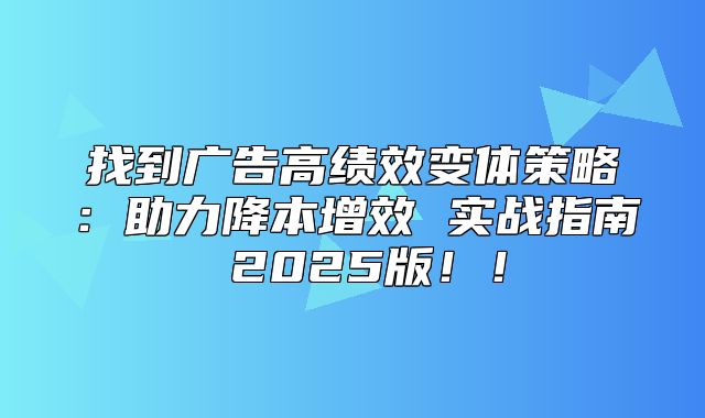 找到广告高绩效变体策略：助力降本增效 实战指南 2025版！！