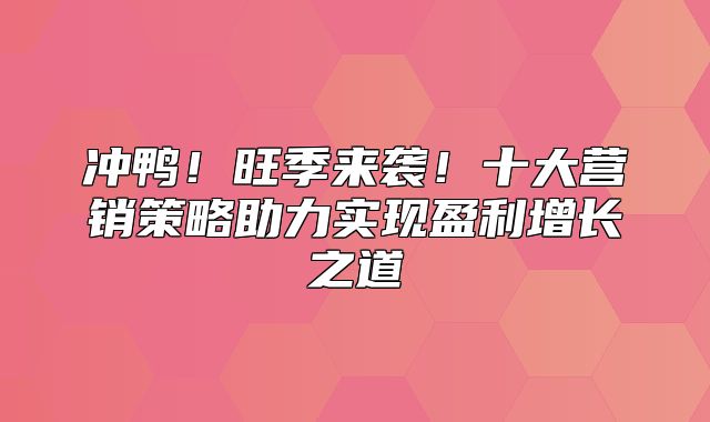 冲鸭！旺季来袭！十大营销策略助力实现盈利增长之道