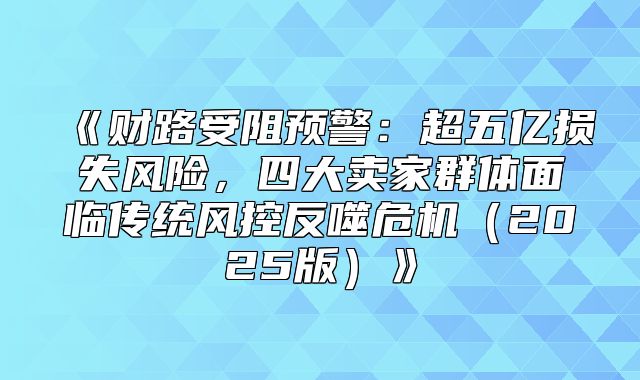 财路受阻预警：超五亿损失风险，四大卖家群体面临传统风控反噬危机2025版