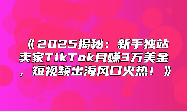 2025揭秘：新手独站卖家TikTok月赚3万美金，短视频出海风口火热！