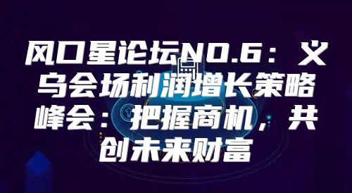 风口星论坛NO.6：义乌会场利润增长策略峰会：把握商机，共创未来财富