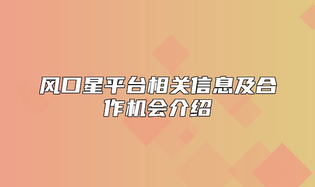 风口星平台相关信息及合作机会介绍